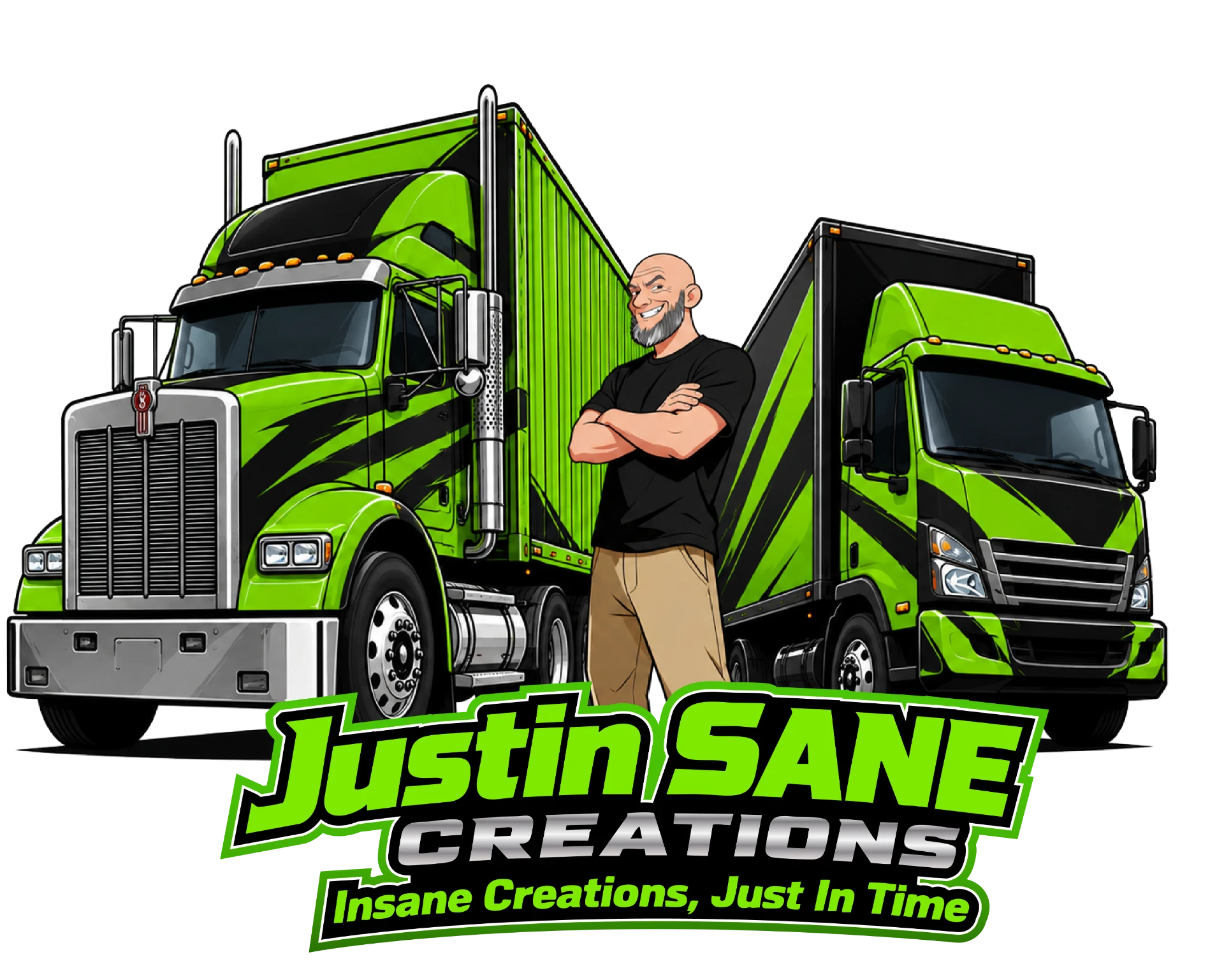 Justin mascot with fleet trucks